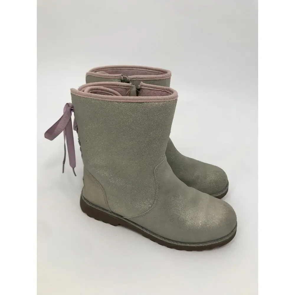 UGG Girls Corene Silver Metallic Suede Pink Lace Up Boots Size 6